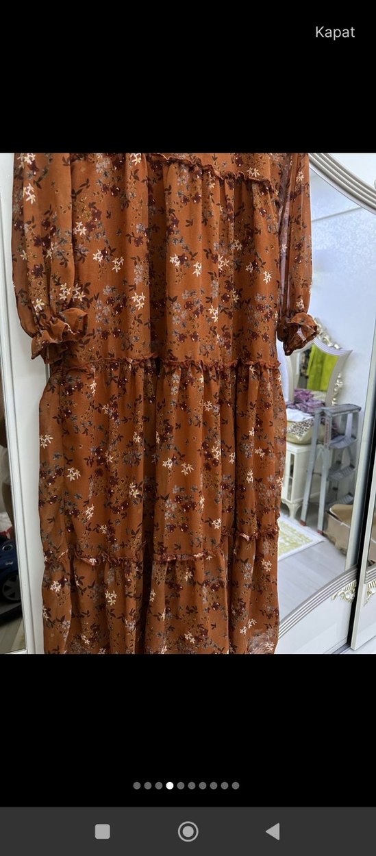 Uzun Kol Kahverengi Bohem Uzun Elbise - Görsel 2