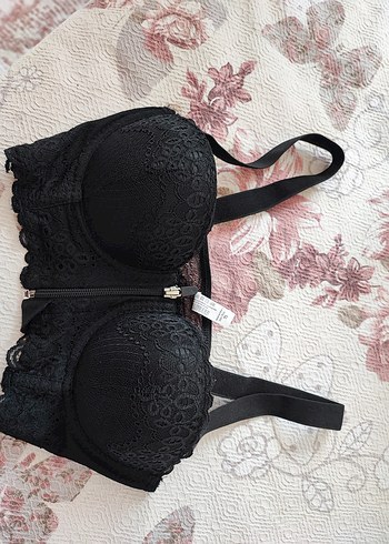 Fermuarlı Detaylı Dantelli Siyah Sütyen - Görsel 2