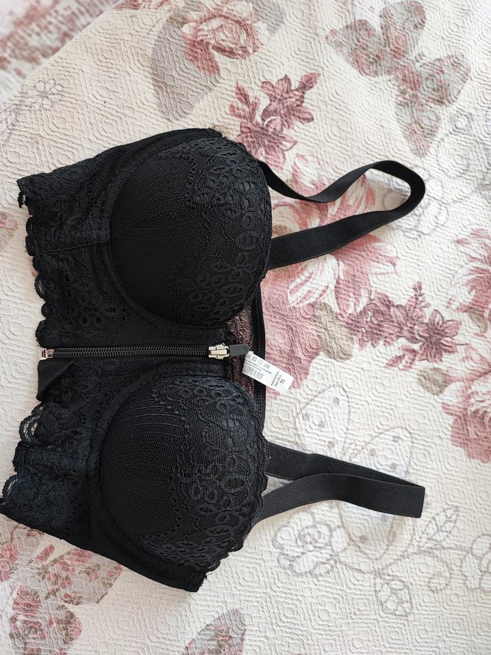 Fermuarlı Detaylı Dantelli Siyah Sütyen - Görsel 2