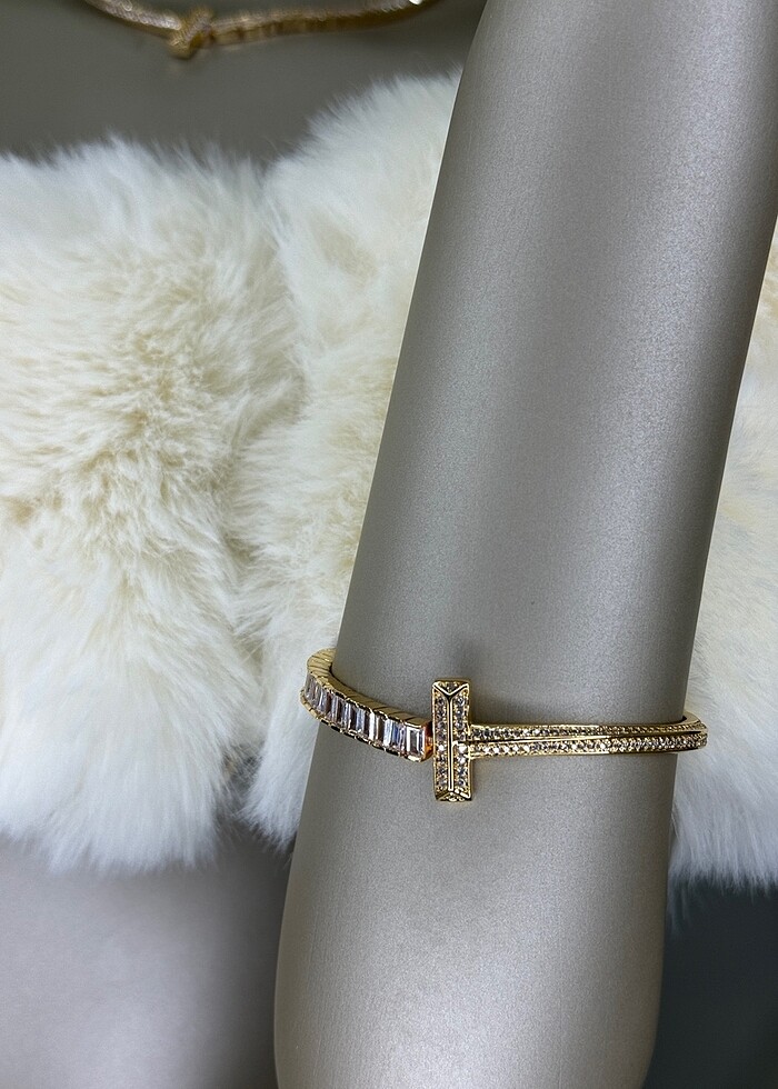 Zirkon taş Çelik kelepçe bileklik - Görsel 2