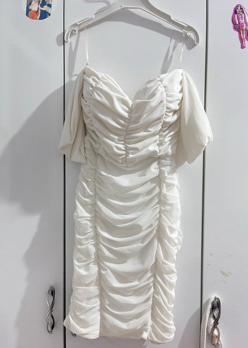 Beyaz Straplez Mini Elbise - Görsel 2