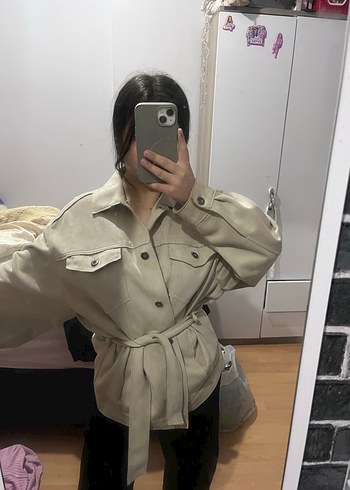 Düğmeli Bej Midi Deri Kadın Kaban - Görsel 3