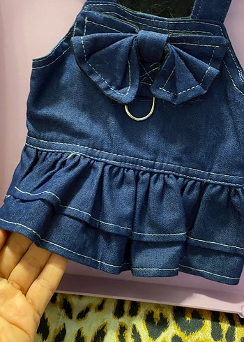 Dişi kedi köpek Kot Elbise Fiyonklu Askılı - Görsel 3