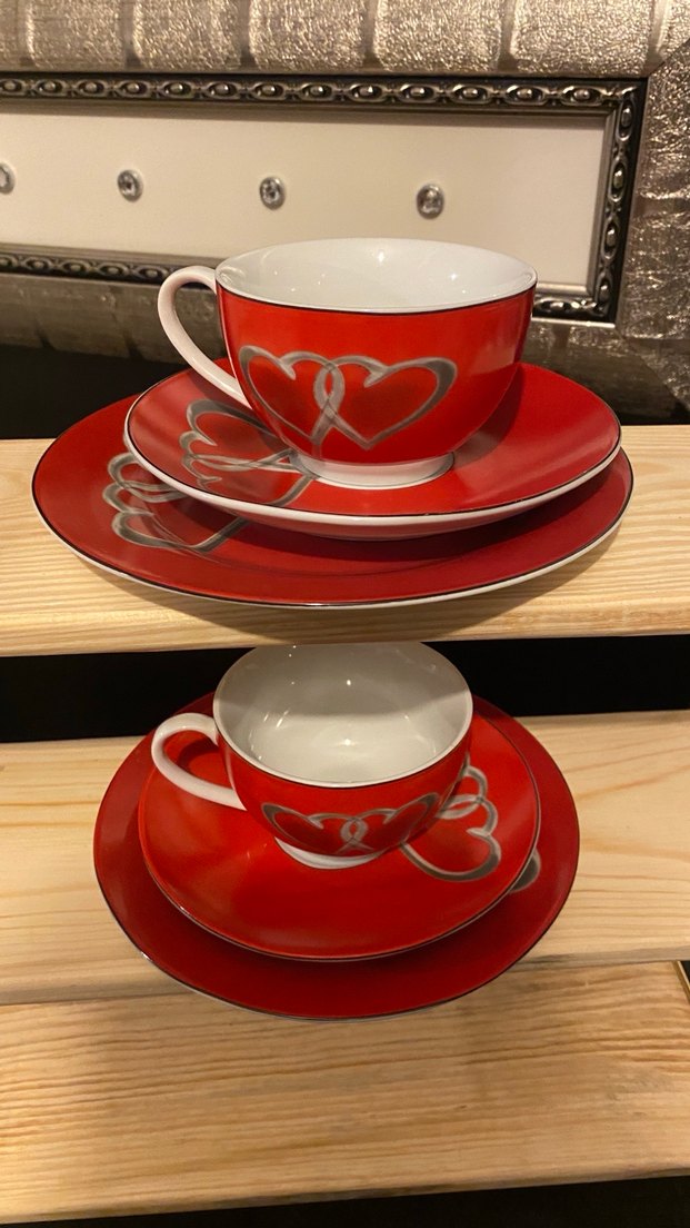 Kırmızı Kalp Desenli İkili Fincan ve Tabak Seti - Görsel 2