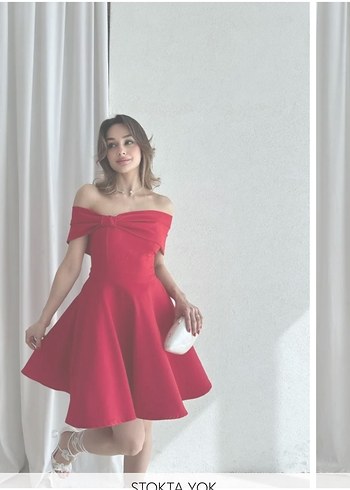 Kırmızı Carmen Yaka Midi Mezuniyet Elbisesi - Görsel 2