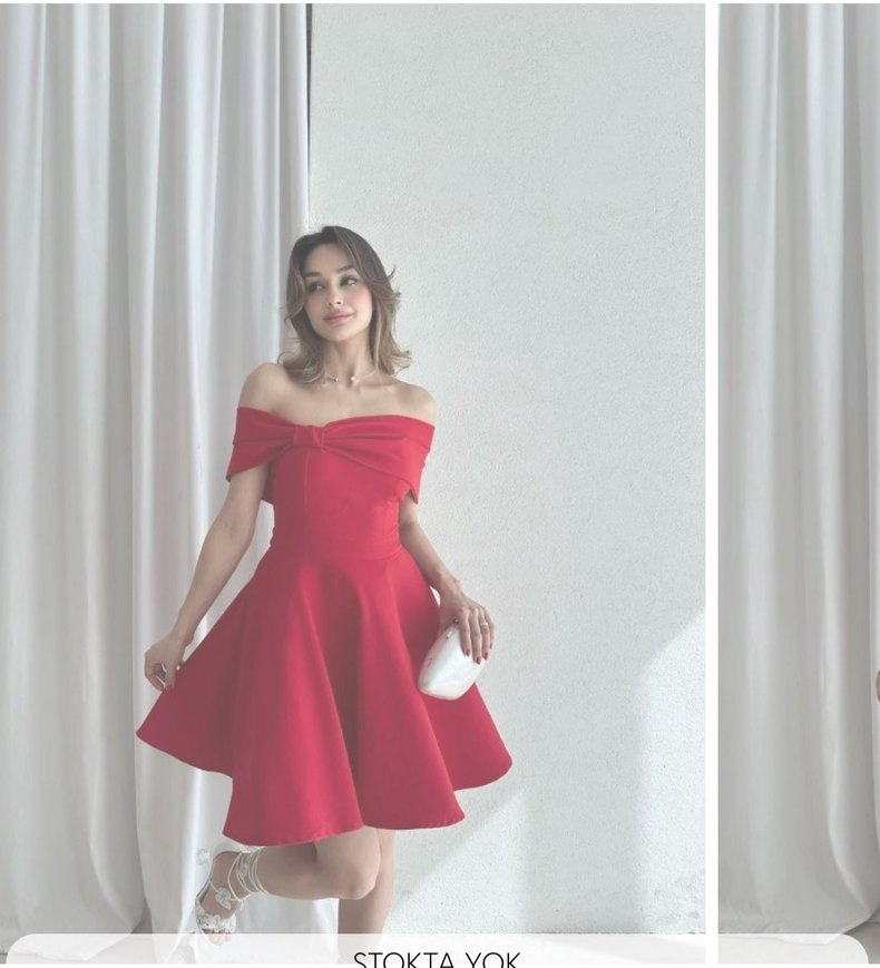 Kırmızı Carmen Yaka Midi Mezuniyet Elbisesi - Görsel 2