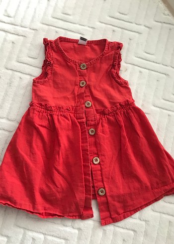 Kız Çocuk Kırmızı Keten Düğmeli Elbise - Görsel 2