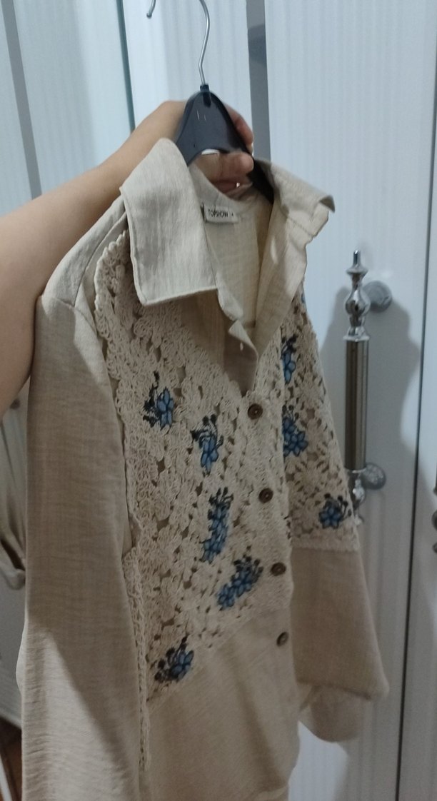 Düğmeli Nakışlı Bej Bohem Kadın Gömlek - Görsel 4