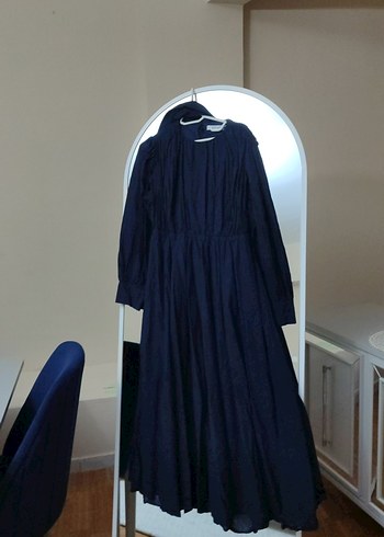 Lacivert Uzun Keten Elbise, Yüksek Yaka, Bol Kesim - Görsel 2