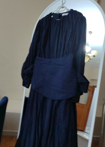 Lacivert Uzun Keten Elbise, Yüksek Yaka, Bol Kesim - Görsel 3