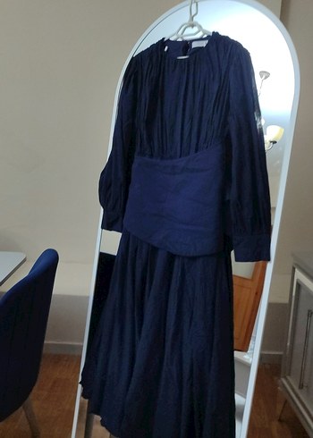 Lacivert Uzun Keten Elbise, Yüksek Yaka, Bol Kesim - Görsel 4