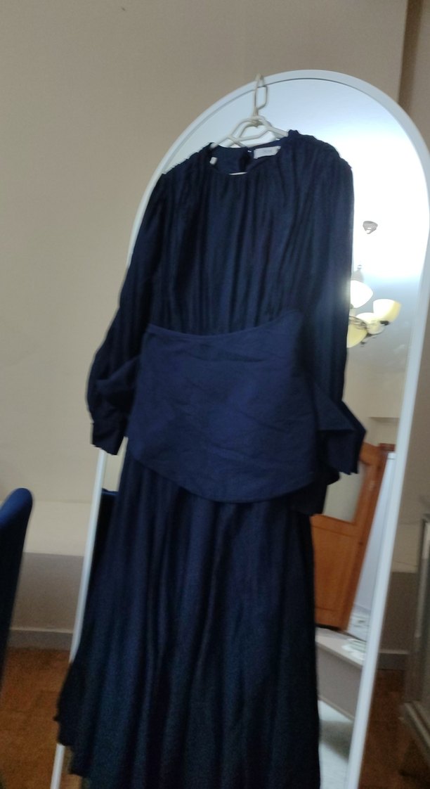 Lacivert Uzun Keten Elbise, Yüksek Yaka, Bol Kesim - Görsel 3