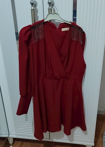 Bordo V Yakalı Midi Elbise