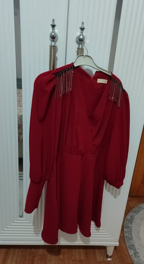 Bordo V Yakalı Midi Elbise - Görsel 3