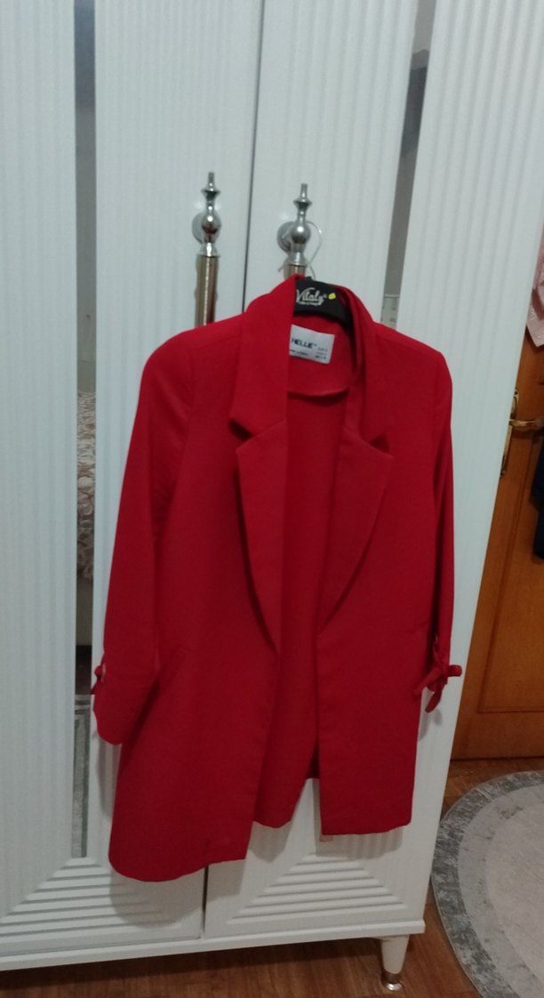 Kadın Kırmızı Düğmeli Midi Blazer Ceket - Görsel 2