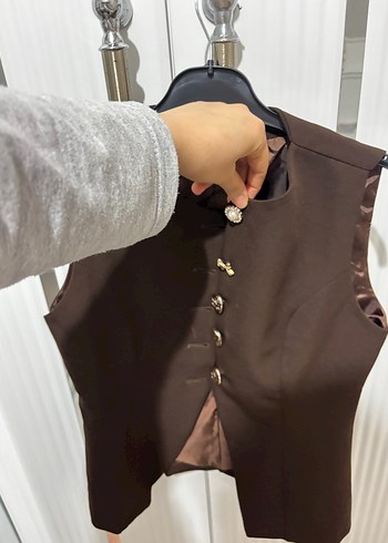 Düğmeli Kahverengi Deri Kadın Yelek - Görsel 2