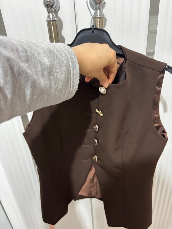 Düğmeli Kahverengi Deri Kadın Yelek - Görsel 2