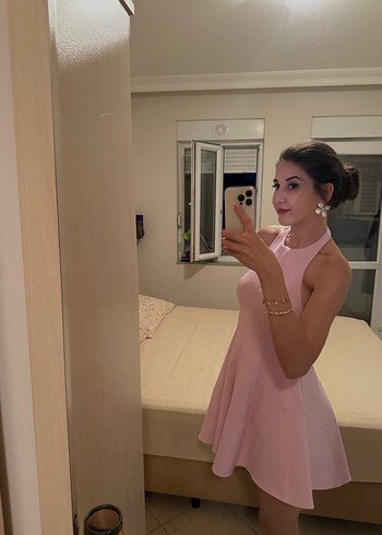 Pembe Straplez Mini Drapeli Kadın Elbise - Görsel 3