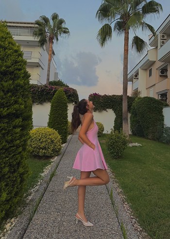 Pembe Straplez Mini Drapeli Kadın Elbise