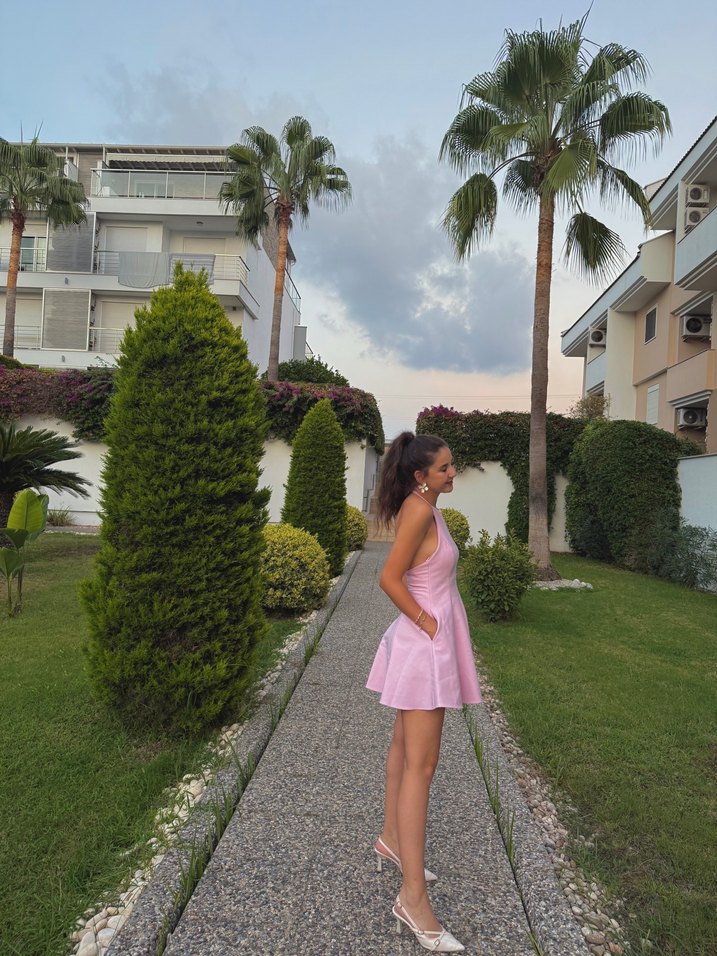 Pembe Straplez Mini Drapeli Kadın Elbise - Görsel 2