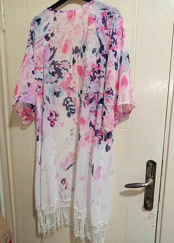 Pembe Pastel Batik Desenli Uzun Kadın Kimono - Görsel 3