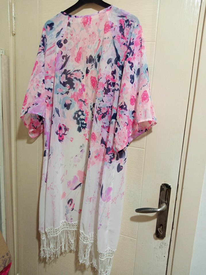 Pembe Pastel Batik Desenli Uzun Kadın Kimono - Görsel 4