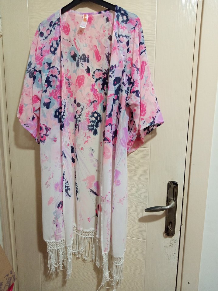 Pembe Pastel Batik Desenli Uzun Kadın Kimono - Görsel 2