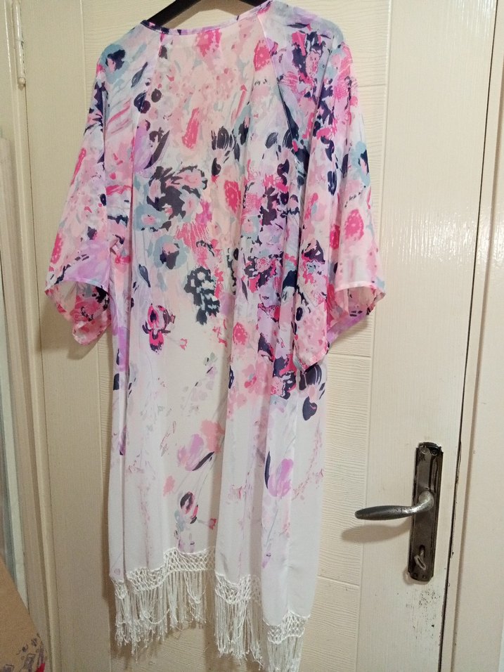 Pembe Pastel Batik Desenli Uzun Kadın Kimono - Görsel 3