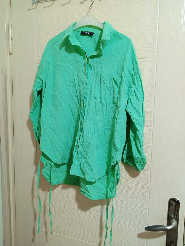 Yeşil Keten Uzun Kollu Gömlek - Görsel 2