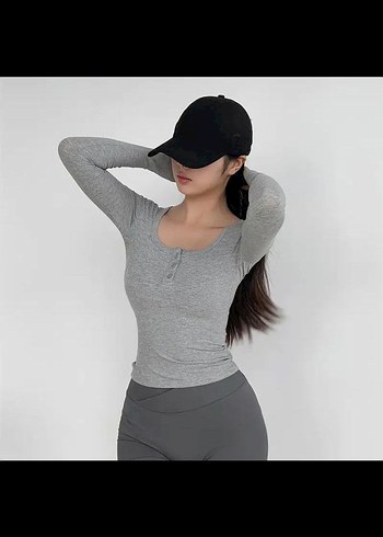 Düğmeli Gri Uzun Kollu Spor Bluz - Görsel 2