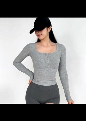 Düğmeli Gri Uzun Kollu Spor Bluz - Görsel 3