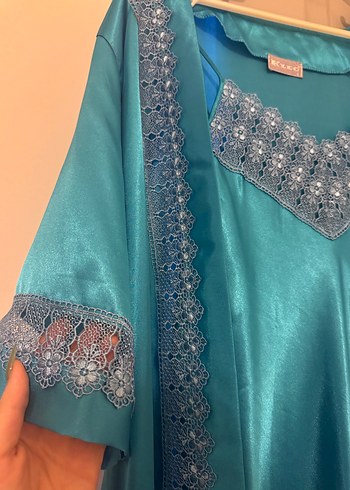 Nakışlı Turkuaz Kadın Uzun Gecelik - Görsel 2