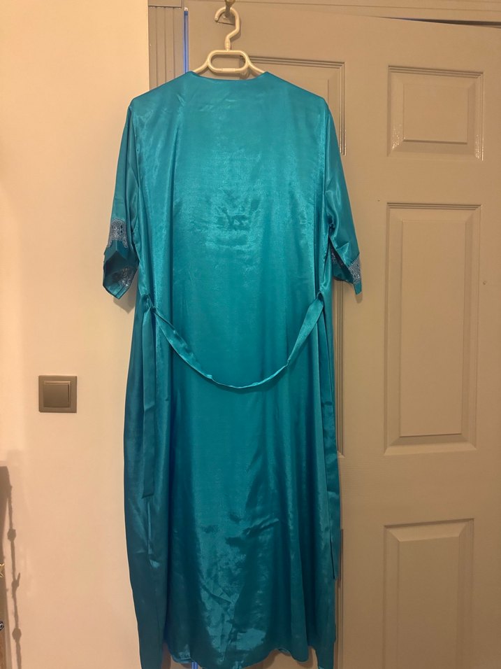 Nakışlı Turkuaz Kadın Uzun Gecelik - Görsel 5