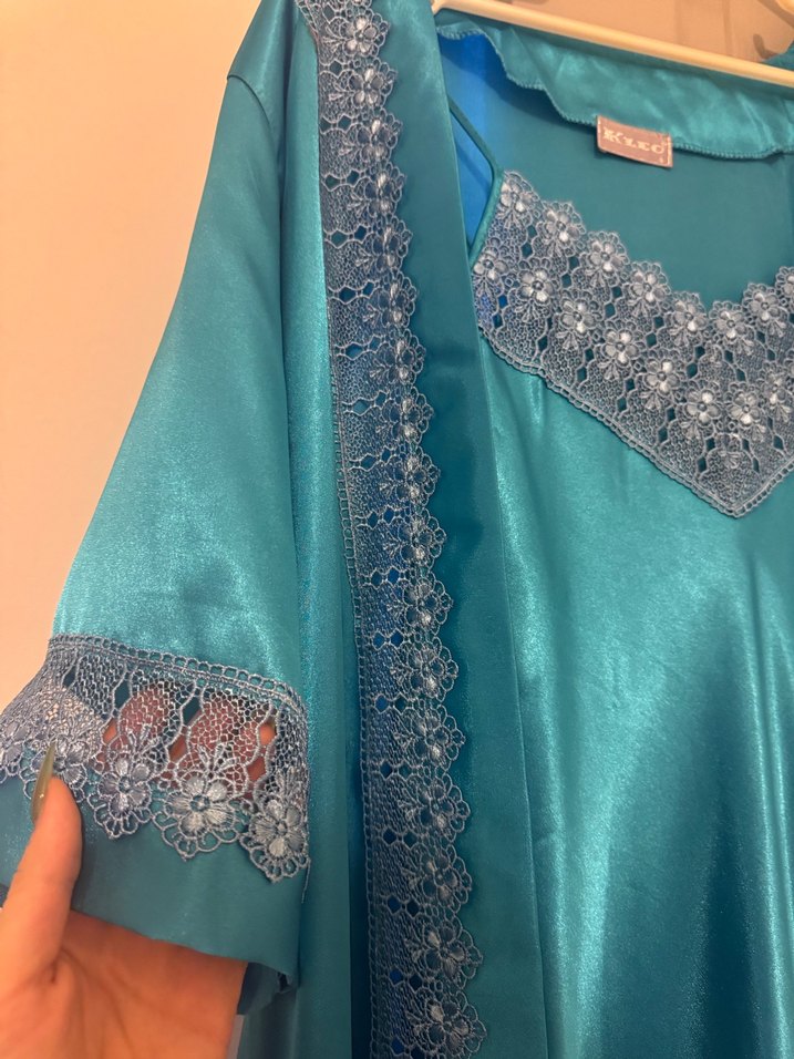 Nakışlı Turkuaz Kadın Uzun Gecelik - Görsel 2