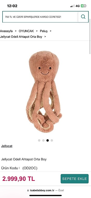 Beden Orijinal Jellycat Ahtapot Peluş