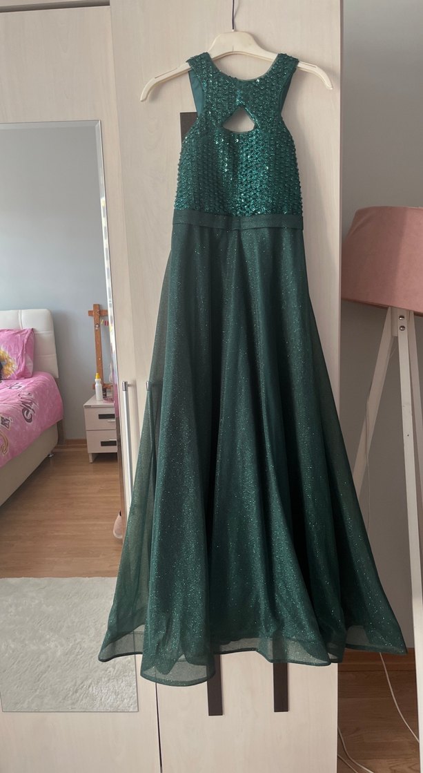 Yeşil pullu uzun Straplez Abiye Elbise - Görsel 2