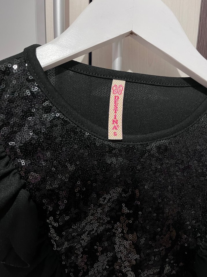 Siyah Uzun Kollu payetli Fırfırlı tunik - Görsel 3