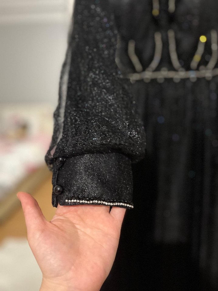 Uzun Siyah taşlı Nakışlı Abiye Elbise - Görsel 3