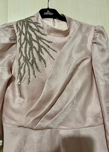 Pembe Parlak Uzun Kollu taşlı Abiye Elbise - Görsel 2