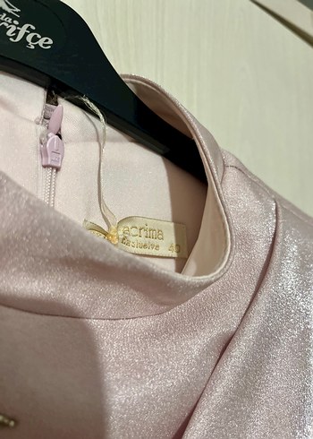 Pembe Parlak Uzun Kollu taşlı Abiye Elbise - Görsel 3