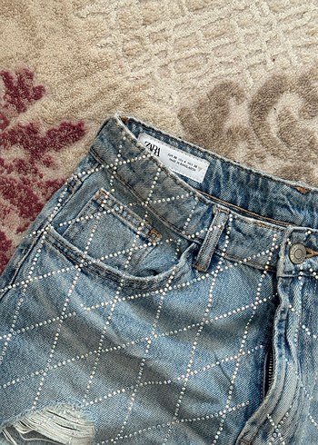 zara high rise taşlı Mini Kot Şort - Görsel 2