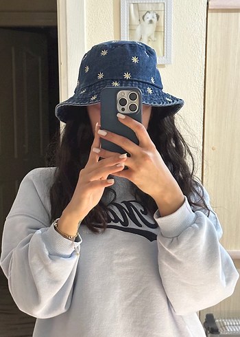 Papatya Nakışlı Jean Bucket Şapka - Görsel 5