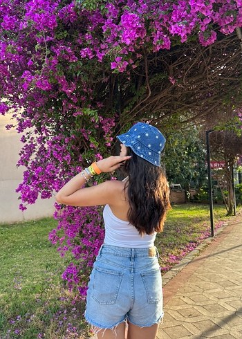 Papatya Nakışlı Jean Bucket Şapka - Görsel 6