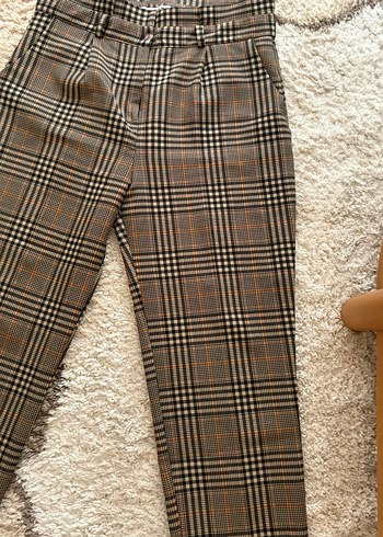 Kahverengi Ekose Kadın Kumaş Pantolon - Görsel 5