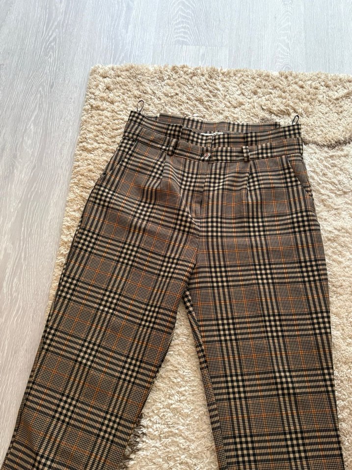 Kahverengi Ekose Kadın Kumaş Pantolon - Görsel 4