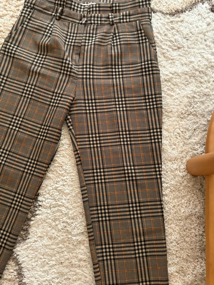 Kahverengi Ekose Kadın Kumaş Pantolon - Görsel 5