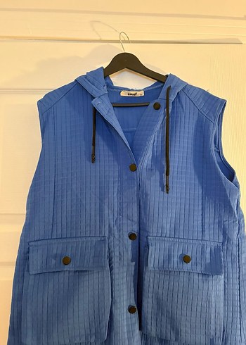 Düğmeli Mavi Keten Kadın Yelek - Görsel 6