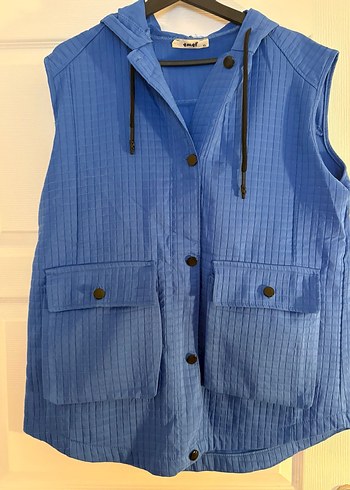 Düğmeli Mavi Keten Kadın Yelek - Görsel 3