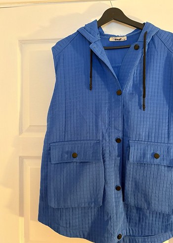 Düğmeli Mavi Keten Kadın Yelek - Görsel 5