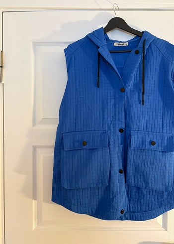 Düğmeli Mavi Keten Kadın Yelek - Görsel 2